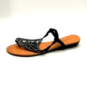 DayDayGo Womens Wedge‎ Heel Thong Sandal w/Ankle Strap Black Beaded Sz 8